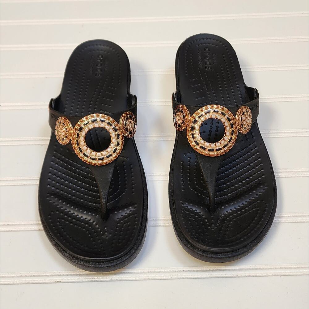 Crocs Women's Sanrah Diamante Wedge Flip Sandals Size 8 Black - Picture 3 of 10